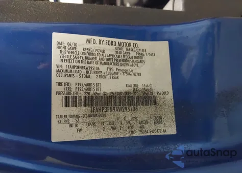 2010 Ford Focus Se из США, поврежденный, VIN 1FAHP3FN9AW295106